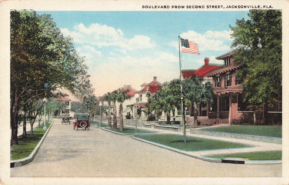 Boulevard from Second Street Jacksonville Florida FL Old Cars c1920 Postcard