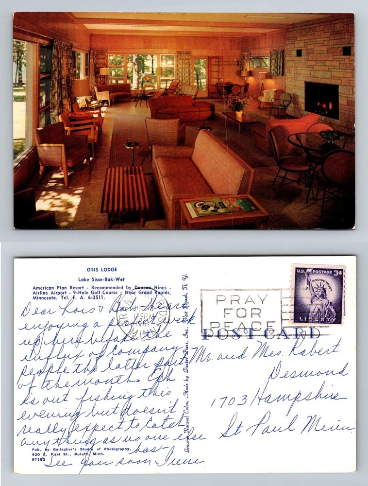 Lake Sissebakwet, MN-Minnesota, Otis Lodge Lounge Fireplace Vintage Postcard