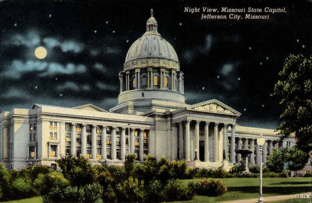 State Capitol Jefferson City Missouri dome night full moon stars ~ 1940s linen