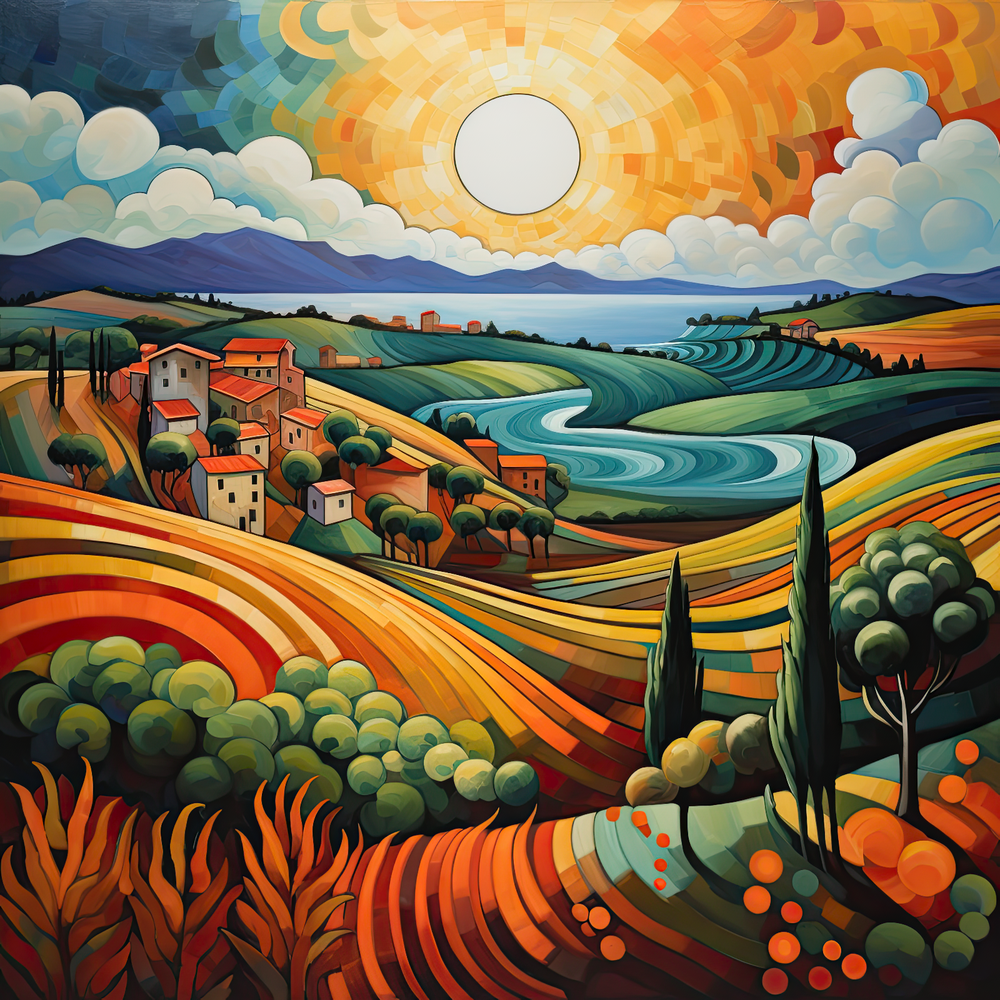 Tuscany sun gilded landscape ocean view#2  - 24in(H)*24in(L) Wall Art Print