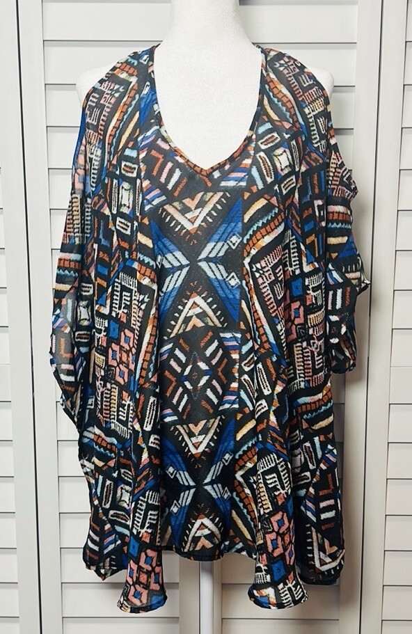 Show Me Your Mumu Boho Geometric Tribal Cold Shoulder Kimono Top Size Small