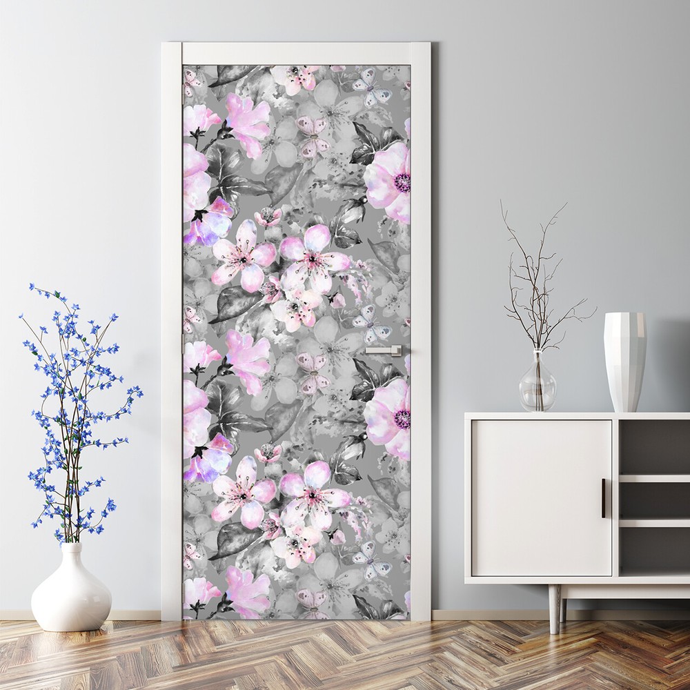 Blooming Grey Roses Floral mural Flowers Pattern Self Adhesive Door Decal