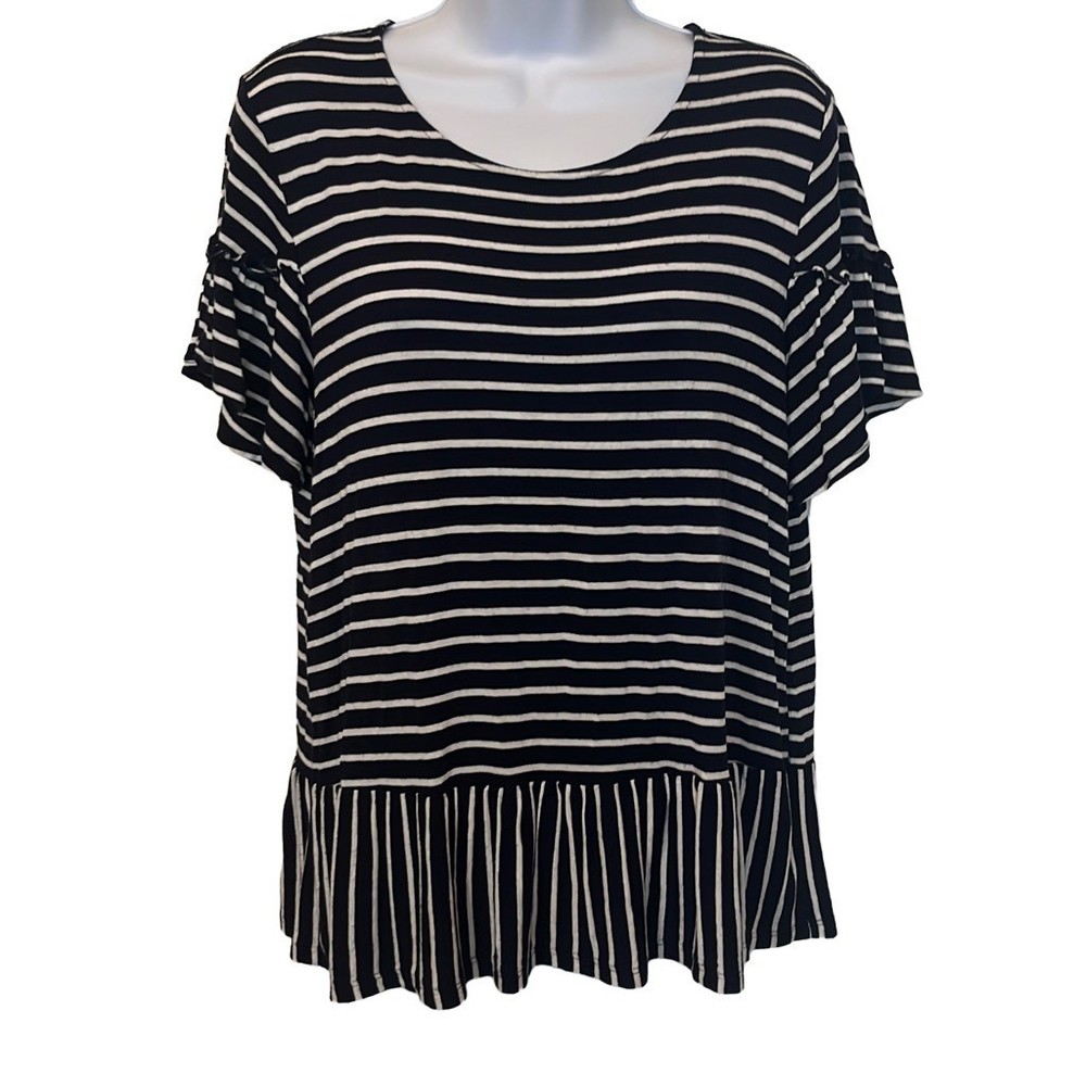 Pleione Navy White Stripe Ruffle Sleeve Peplum Knit Top Medium Preppy Nautical