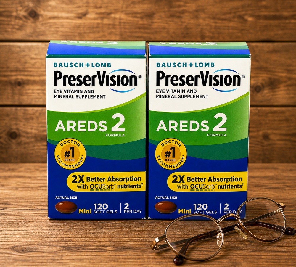 2 Pk Bausch + Lomb PreserVision AREDS 2 Eye Vitamins 120 Mini Softgels Exp 11/26
