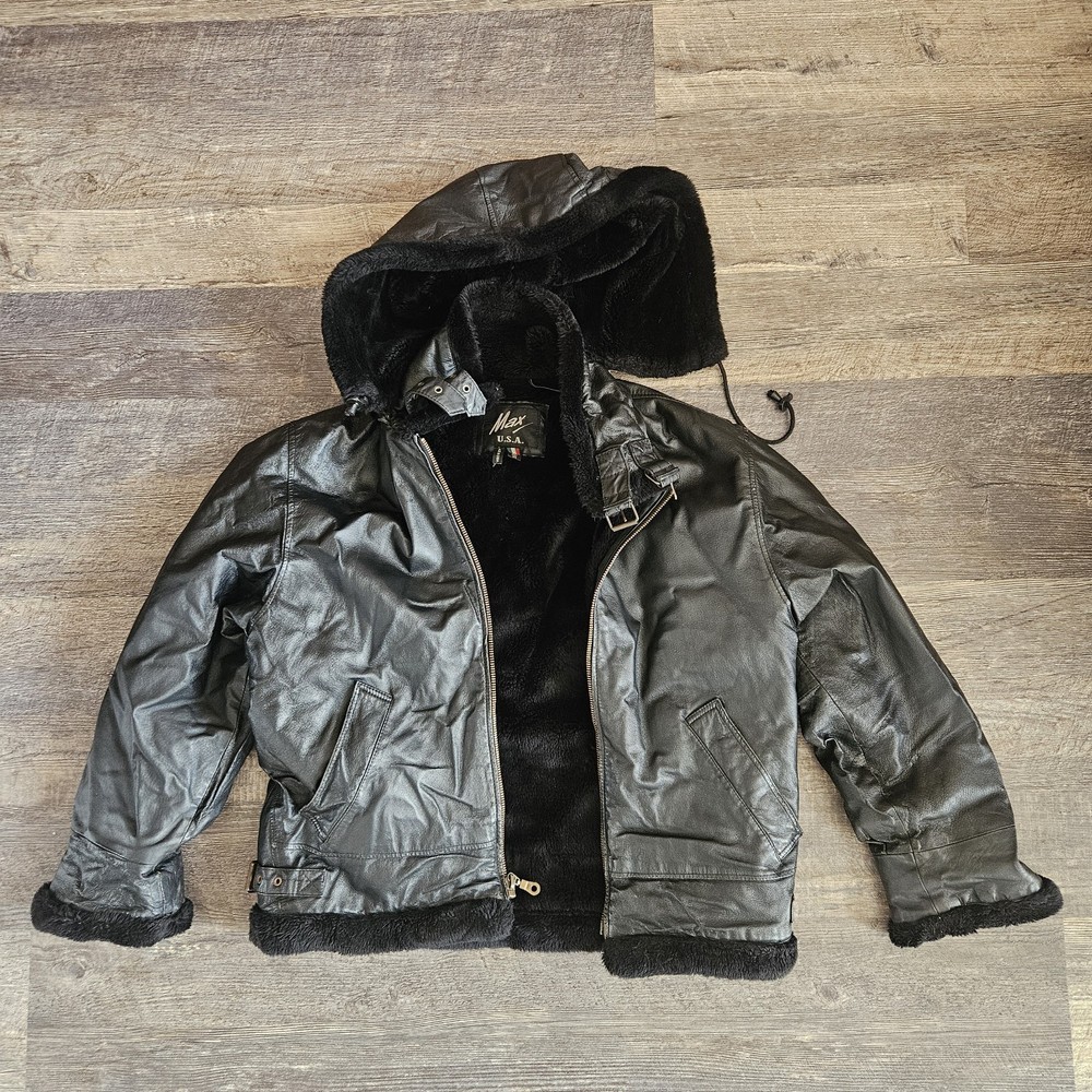 Vintage Max U.S.A. Hooded Leather Faux Fur Lining Jacket Men Large