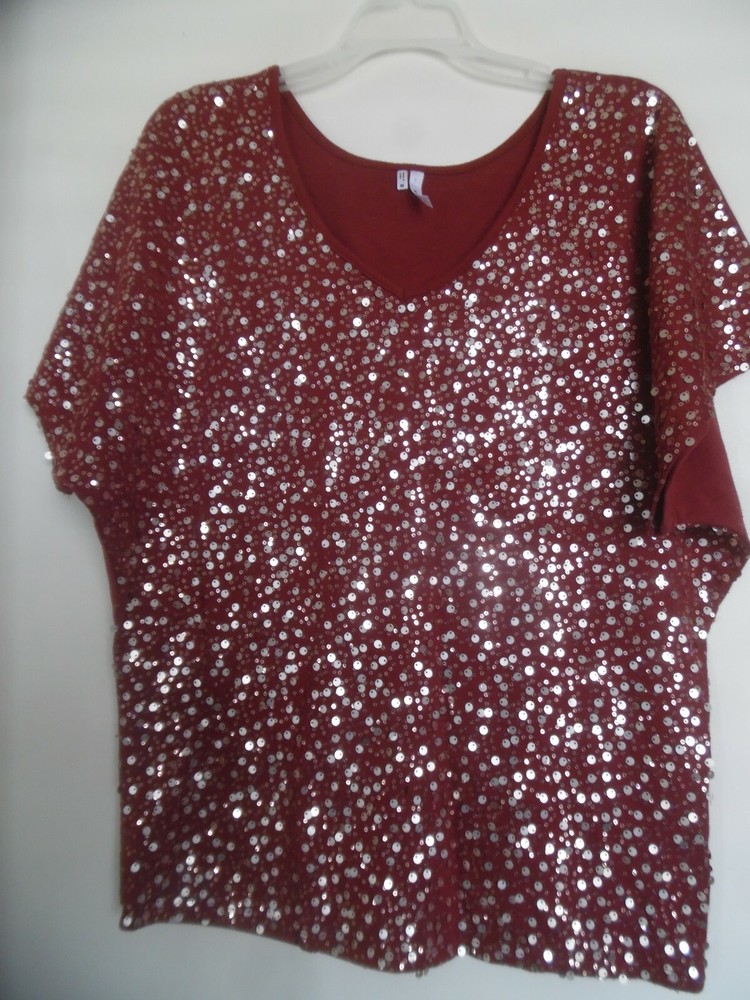 Studio Y Sparkly Rusty Red Silver Sequins Dolman Sleeve V-Neck Top Medium
