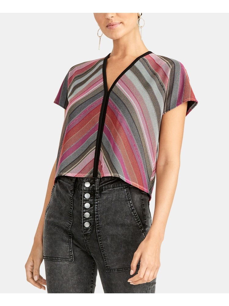 Rachel Roy Women's Pink Striped V-Neck Short Sleeve Top XS