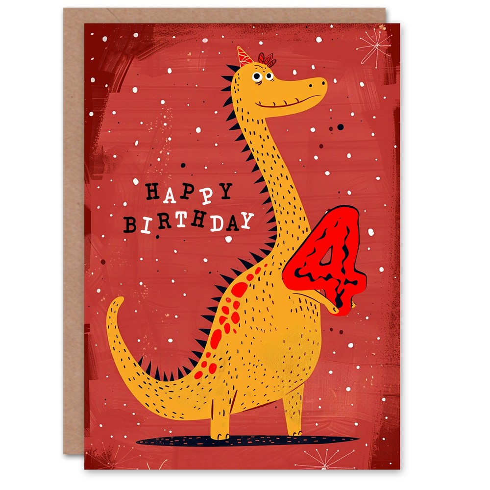 Birthday Card Spiky Yellow Red Dinosaur Cartoon Cute 4th 4 Year Old Child Kids