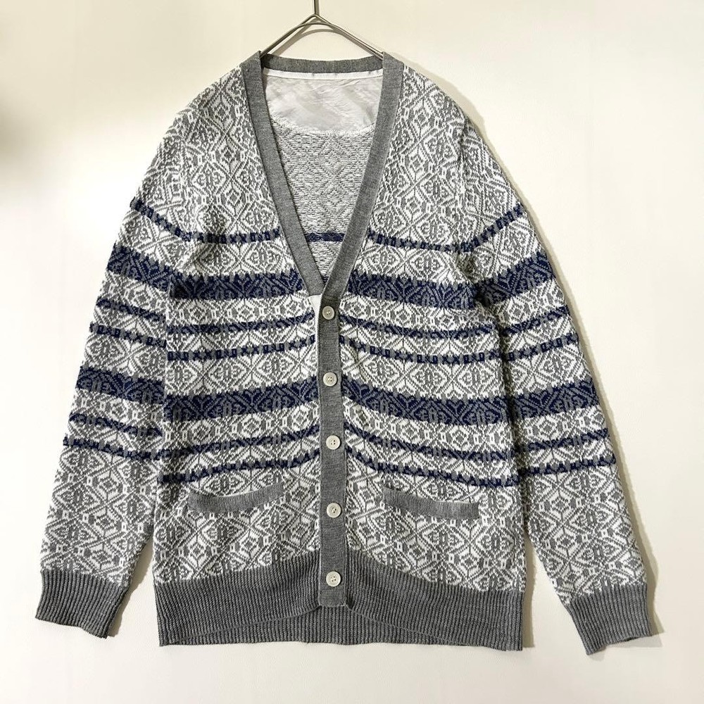 sacai Nordick Cotton Jacquard Cardigan Gray Navy S Unisex Textured Knit