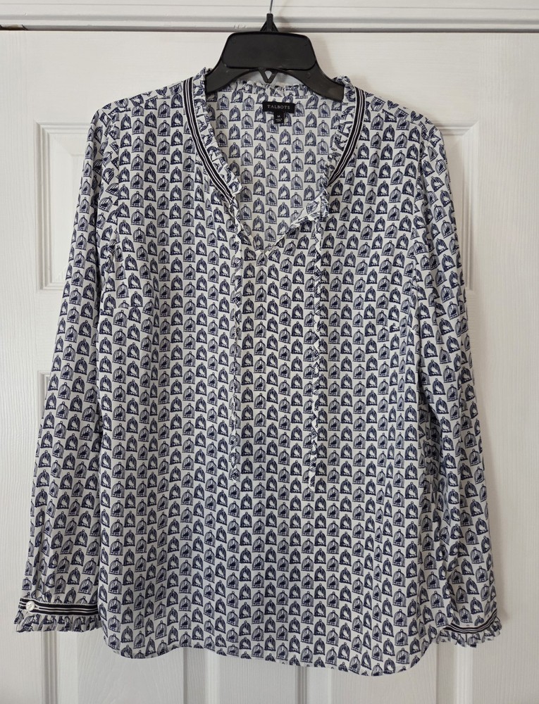 Talbots Womens Long Sleeve Blouse Blue And White Birdcage Print Size M