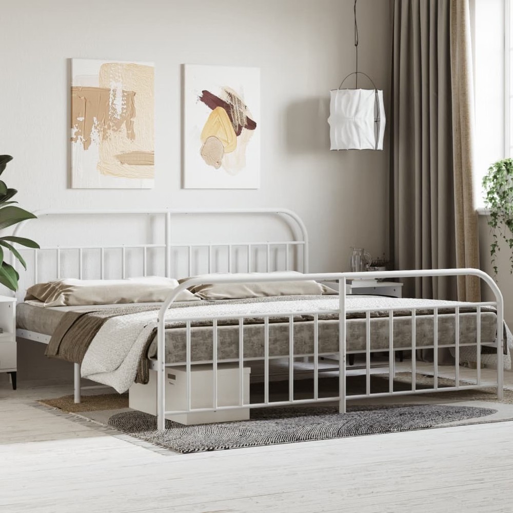 Bed Frame White Powder-Coated Steel Double Bed Frame
