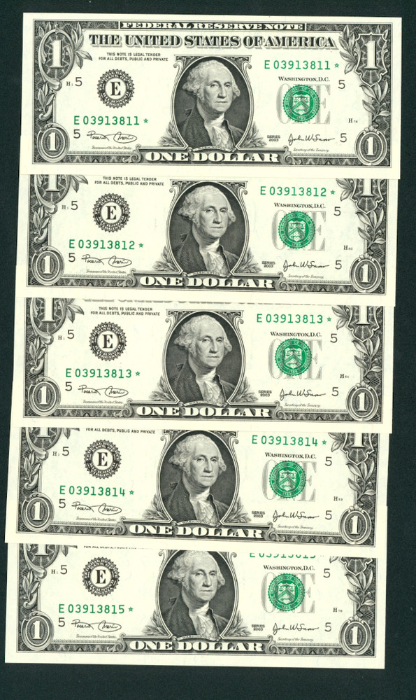 (( Star - Five Consecutive )) $1 2003 ((Choice/ Gem)) Paper Currency Auctions