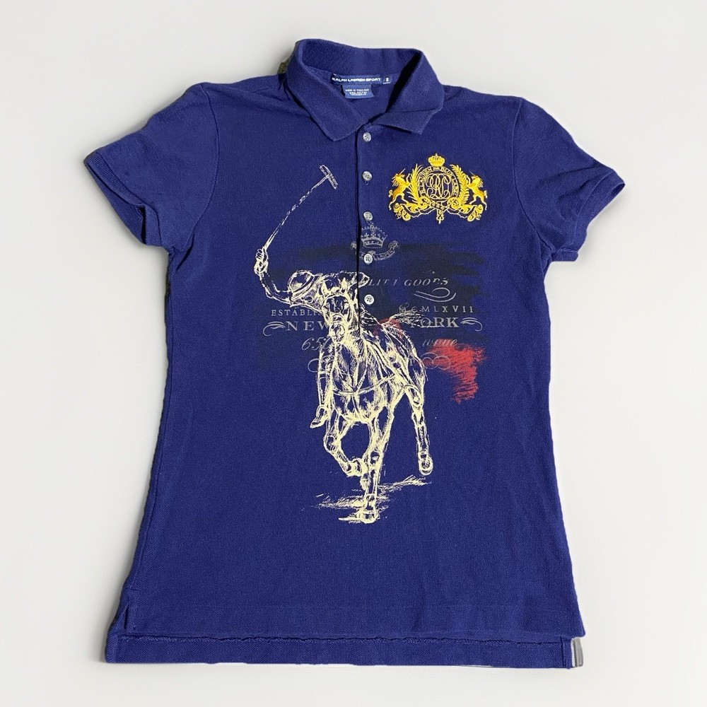 Ralph Lauren Sport Polo Shirt Women Small Equestrian Blue Label Big Pony Y2K AOP