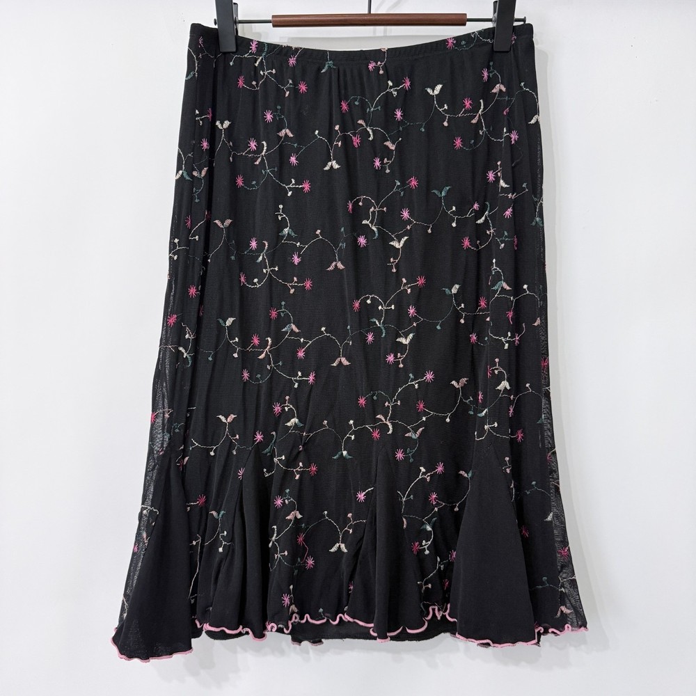 Vintage Y2K Fairy Grunge Skirt Size L (Fit M?) Black Floral Embroidered Mesh