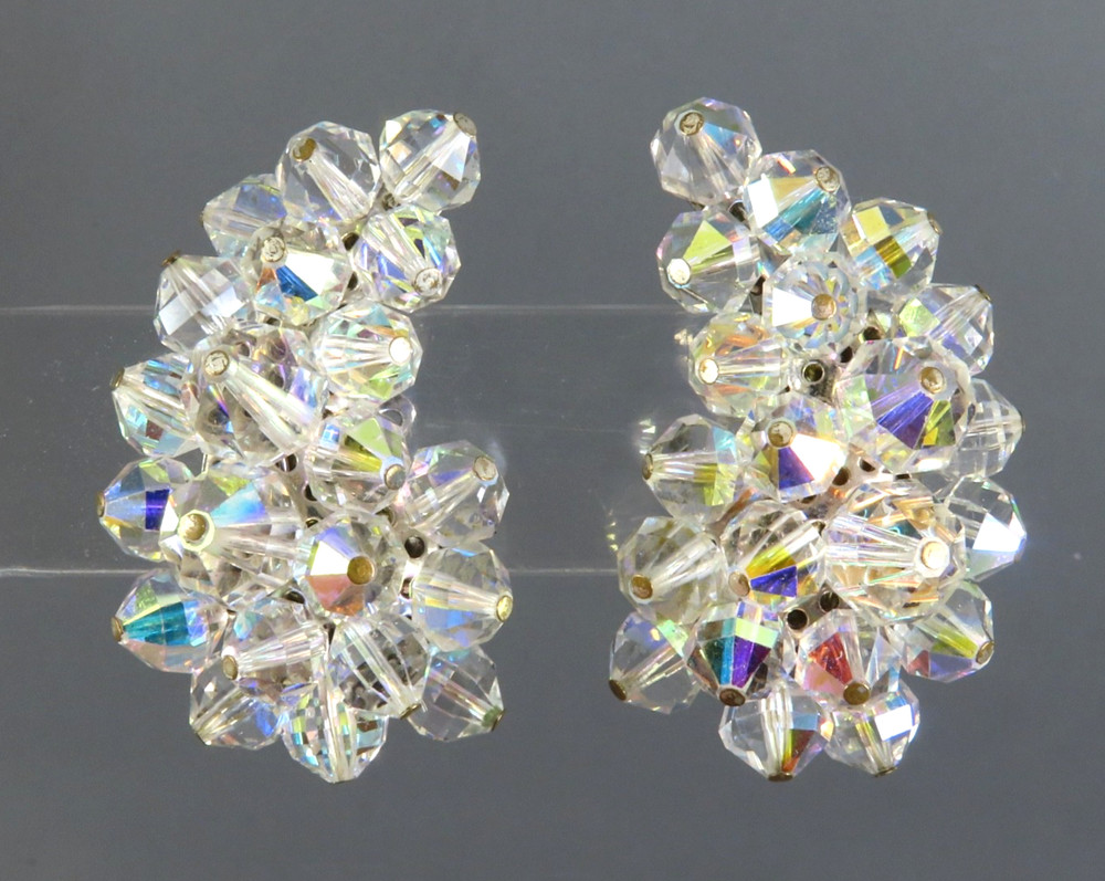 Vintage LAGUNA CLIP-ON EARRINGS Clear AB Crystal Beads PAISLEY SHAPE Cluster