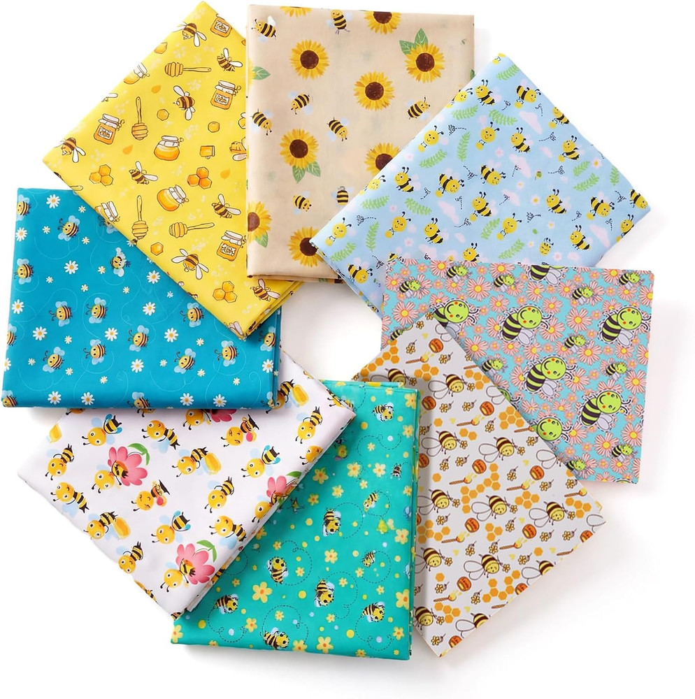 Tatuo 8 Pcs Bee Fabric Honey Bee Pattern Fabric Fat Quarters Theme Quilting Flow