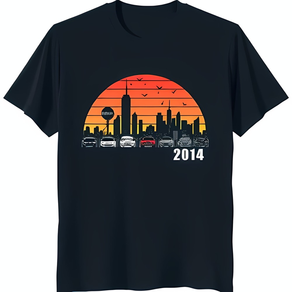 Retro Cityscape Black T-Shirt with Sunset & Cars 2014 Design