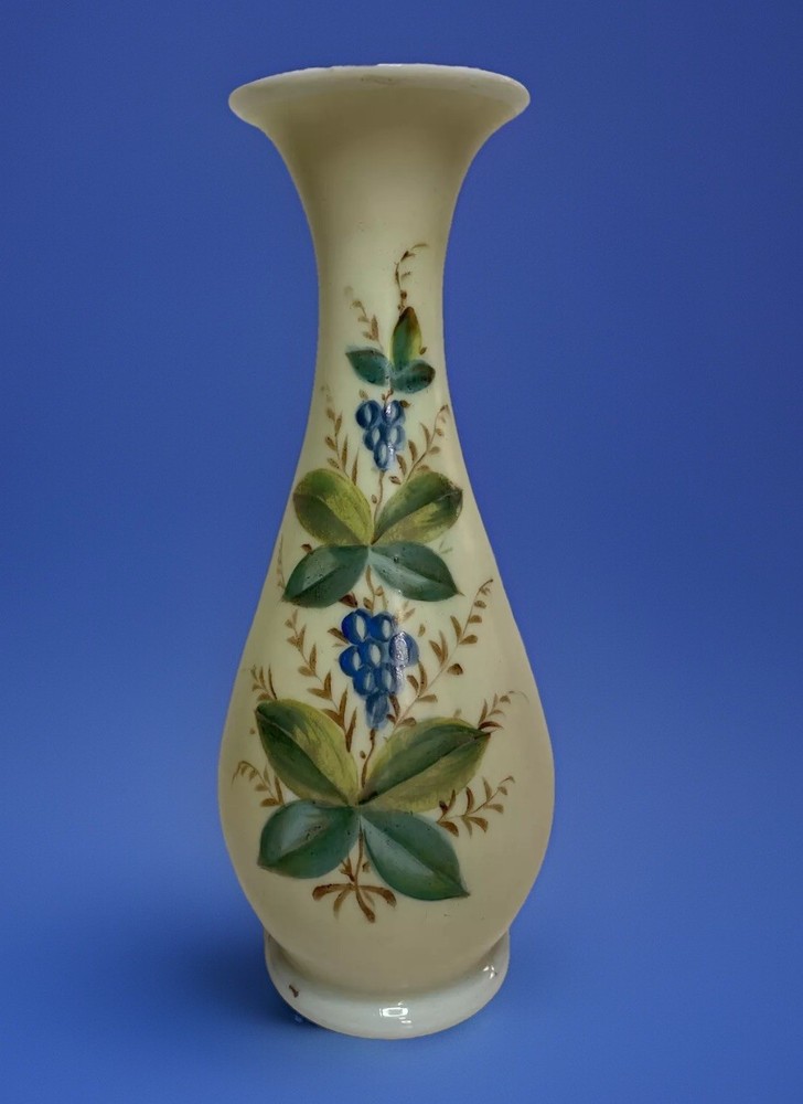 Tall Vintage Bristol Like Glass Vase Hand Painted Flowers