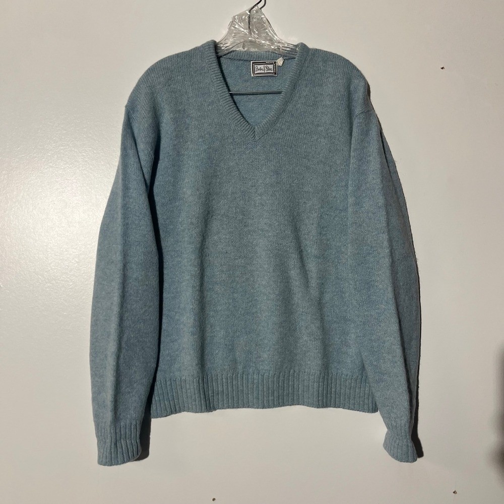 Vintage 90s Boston Store V-Neck Blue Pullover Wool Sweater Top Mens Size Large