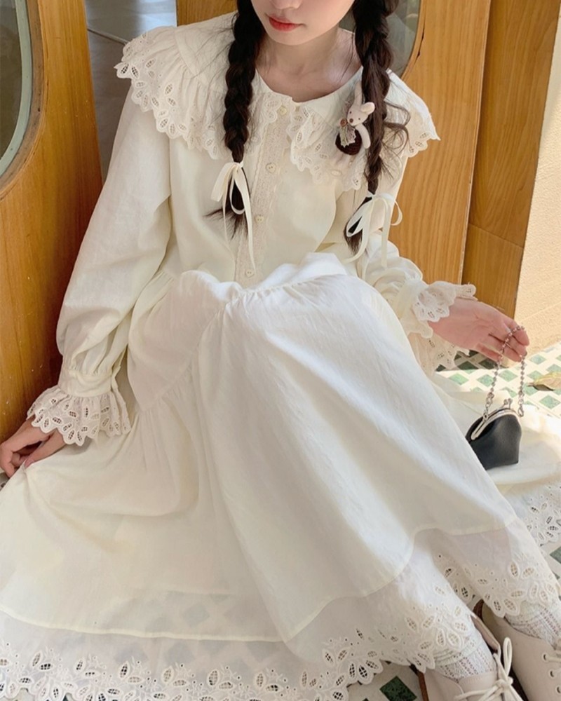 Japanese style women mori girl Long-sleeved high-waisted dress