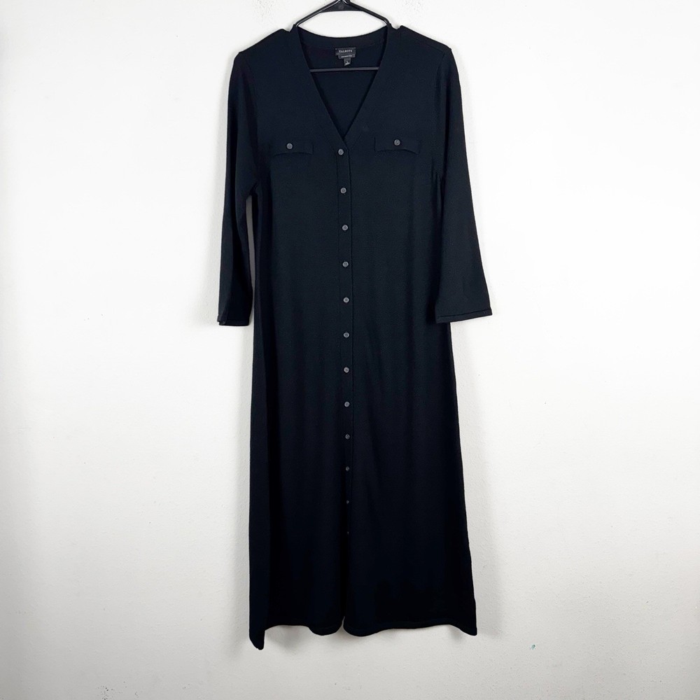 Talbots Women's Merino Wool Button Front Midi Dress Size L Black