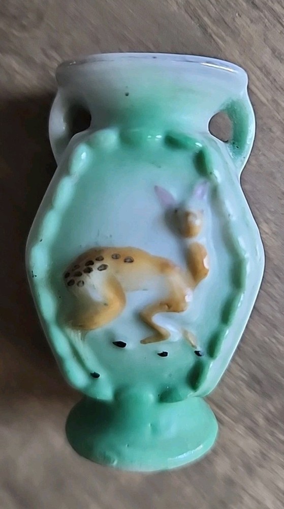 Vintage Bud Vase Miniature Baby Deer Japan Ceramic Kitschy Green White Mini