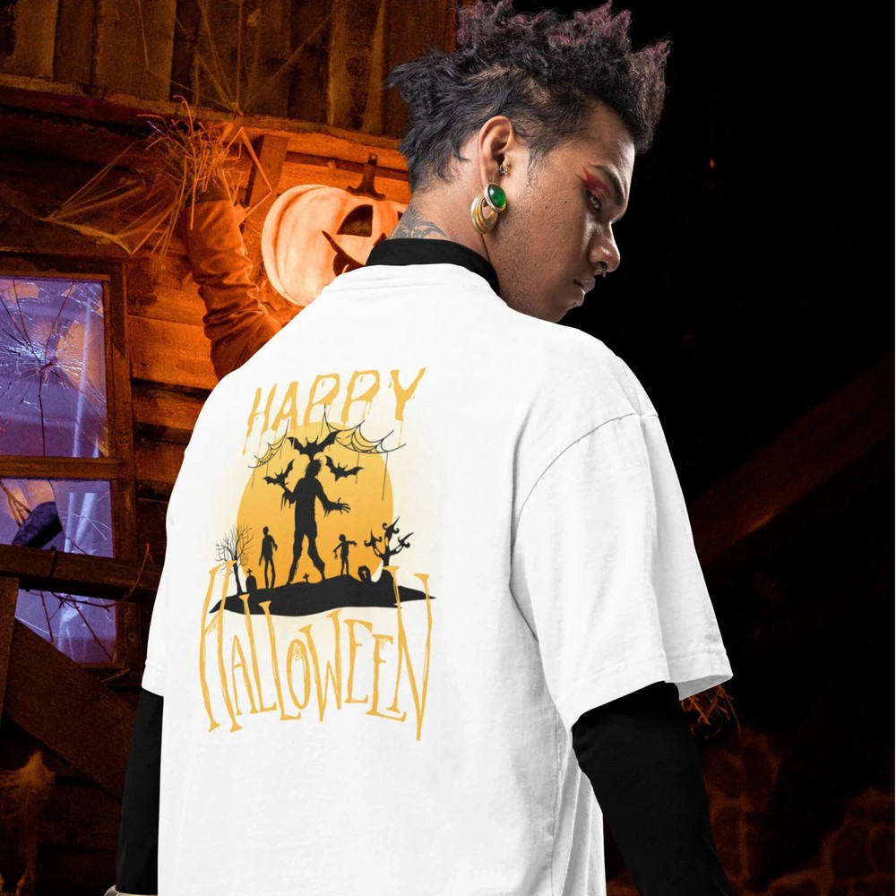 Men's Spooky Oversized Fit Crew Neck Tee | Large Back Printed Halloween Design