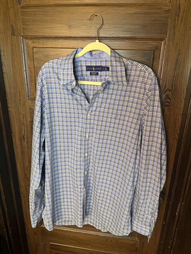 Ralph Lauren Plaid Blue Long Sleeve Size Large 100% Cotton Stretch