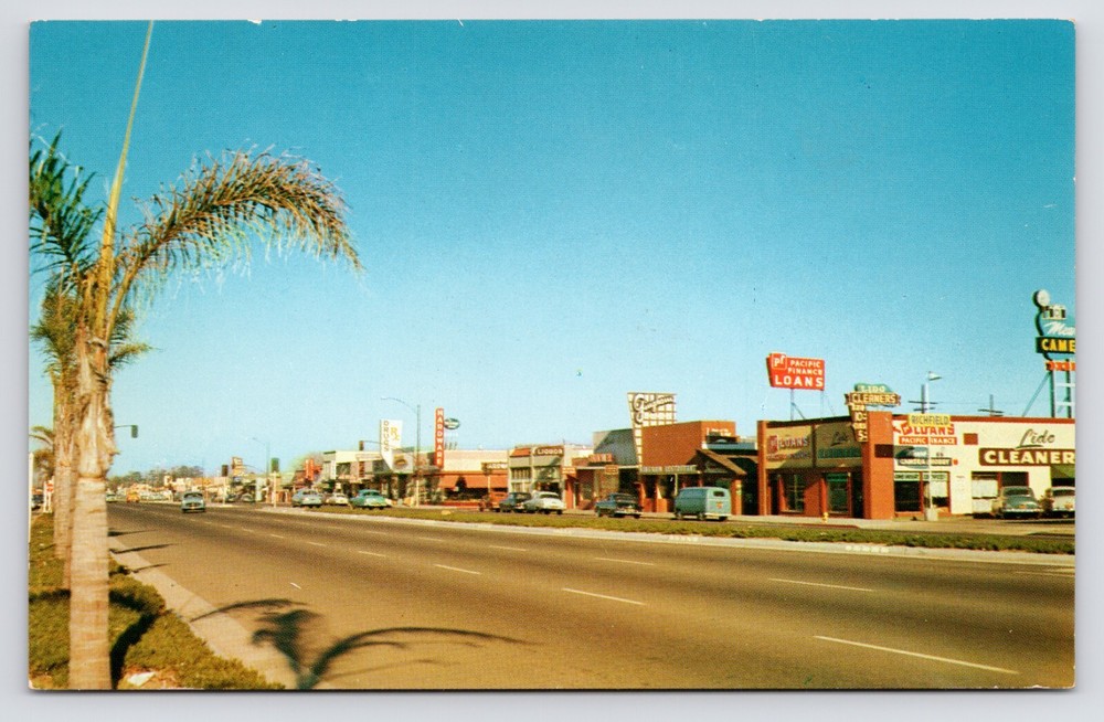 Main Street Drug Store Dry Cleaner Cars Costa Mesa California CA 1950s Postcard