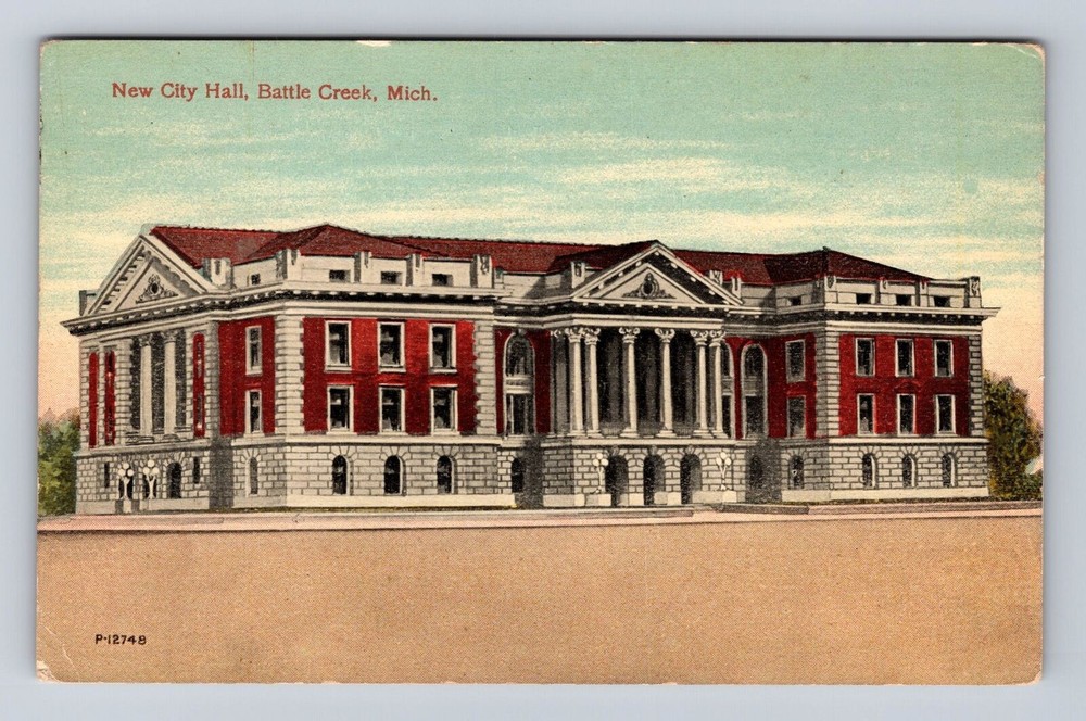 Battle Creek MI-Michigan, New City Hall, Antique Vintage Souvenir Postcard