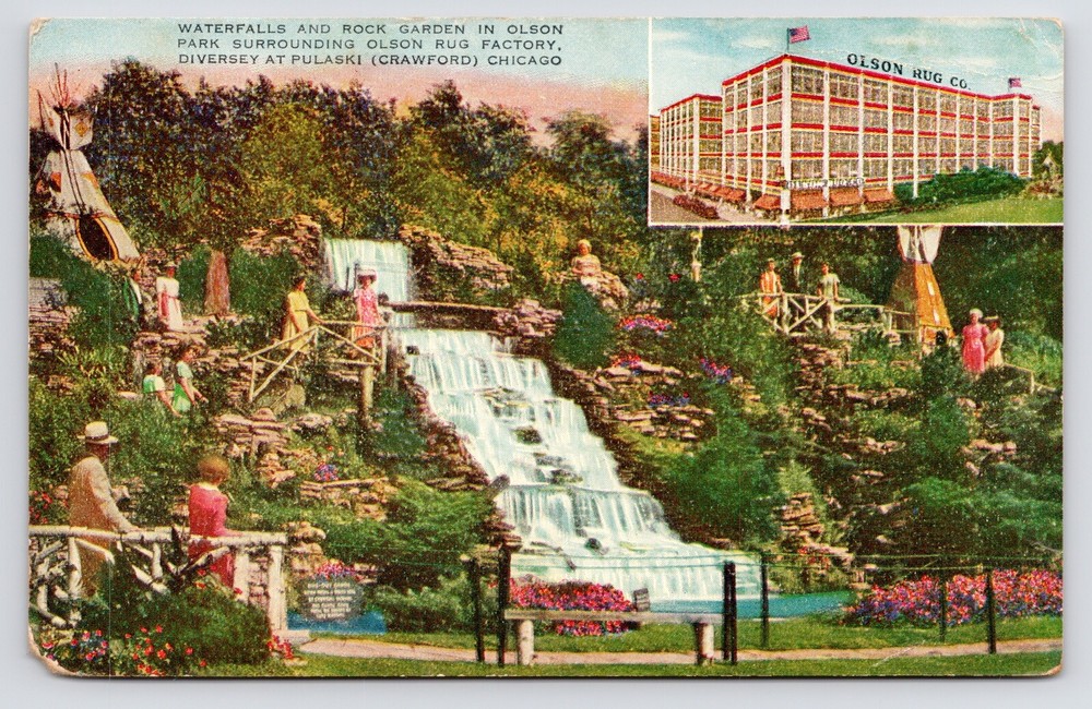 Olson Rug Company Waterfall Garden Pulaski Chicago Illinois IL c1940s Postcard