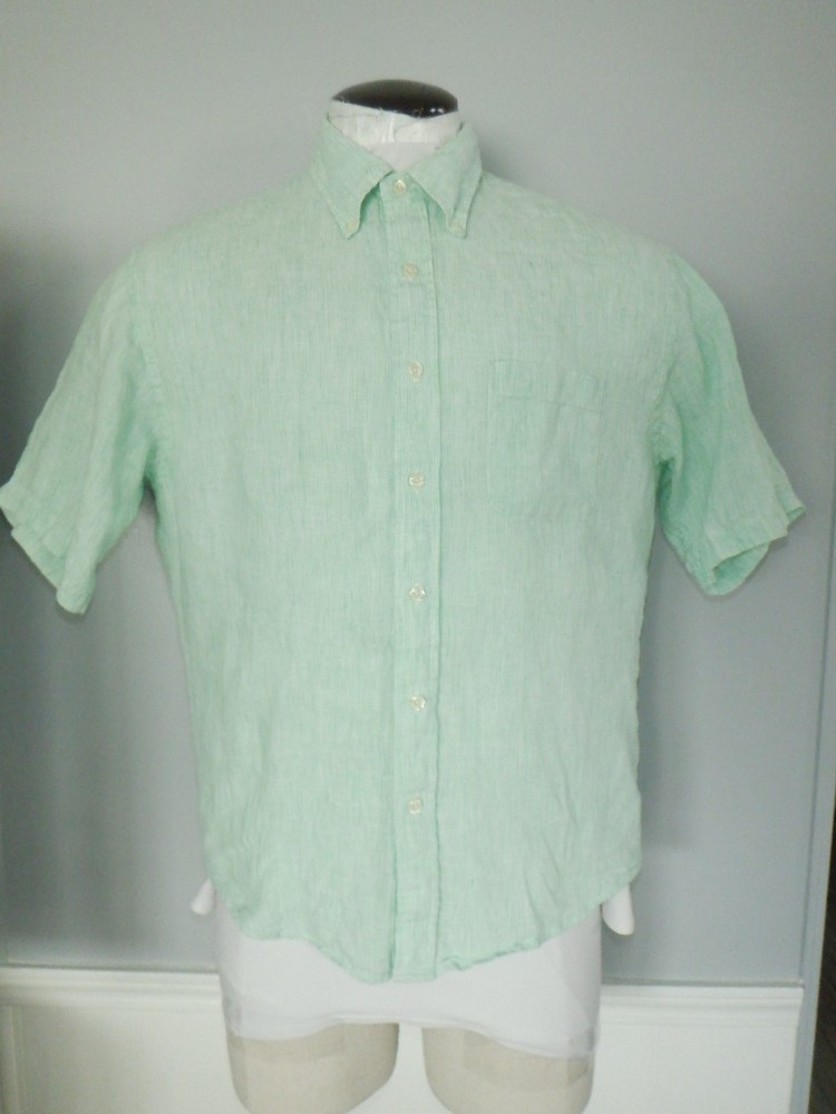 Men's BROOKS BROTHERS 346 sz Large Green Striped 100% LINEN SS Button Shirt