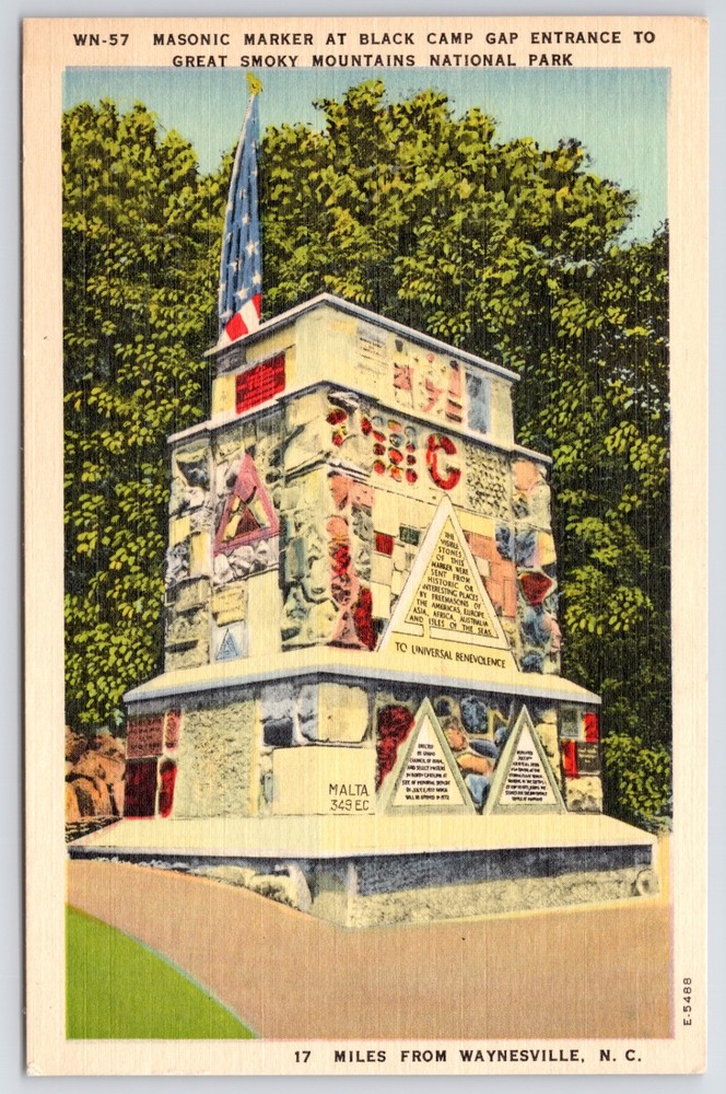 NC Waynesville Masonic Marker Black Camp Gap Entrance Great Smoky Mtns Postcard