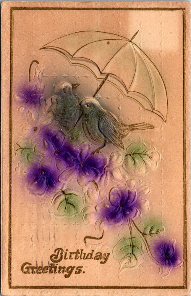 Dr Jim Stamps Vintage Birthday Postcard with Birds and Flowers Decorative Design