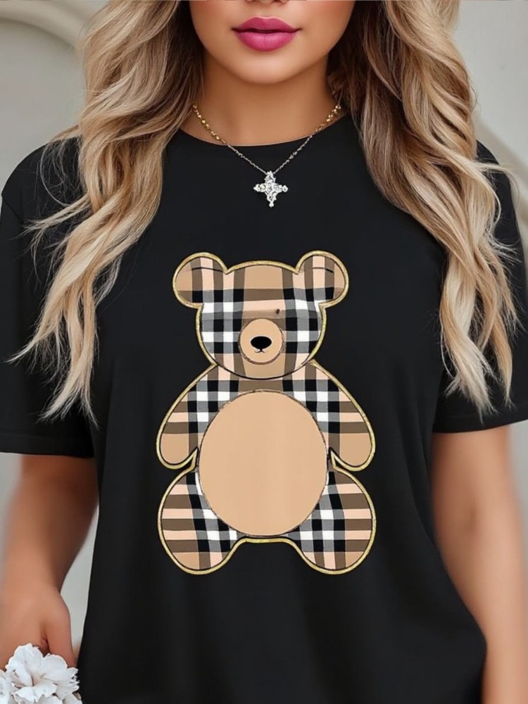 Women Plaid Bear Graphic T-Shirt Oversized Tartan Casual Summer Short Sleeve