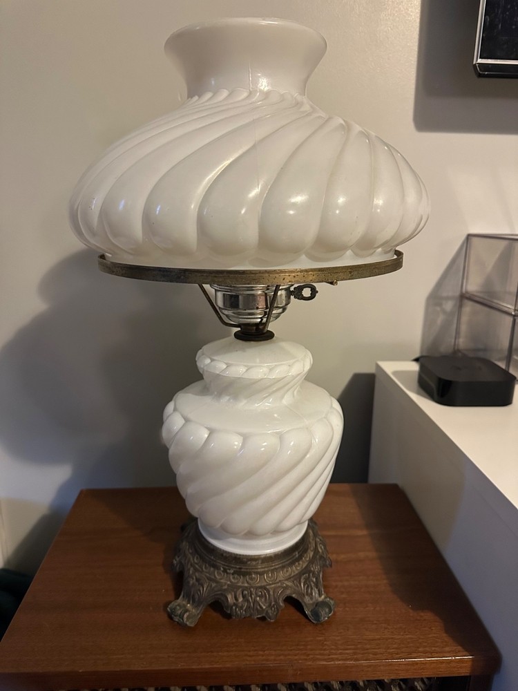 Vintage Hurricane Lamp Milk Glass Swirled Shade Hedco NY works