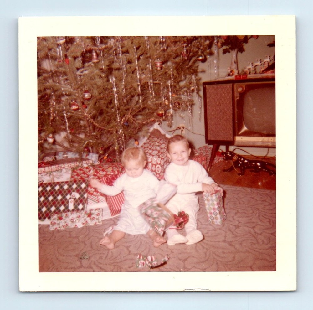 Old Vintage Square Color Photo CHILDREN CHRISTMAS TREE PRESENTS ANTIQUE TV