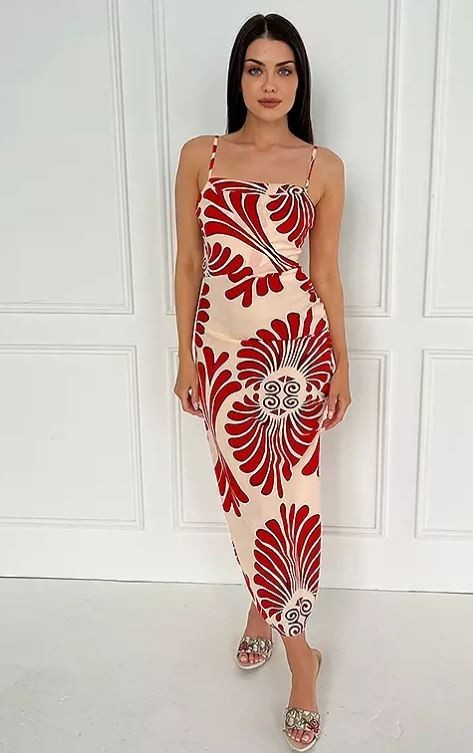 Ax Paris Burnt Orange Abstract Print Strappy Midi Dress (fmn7-3)