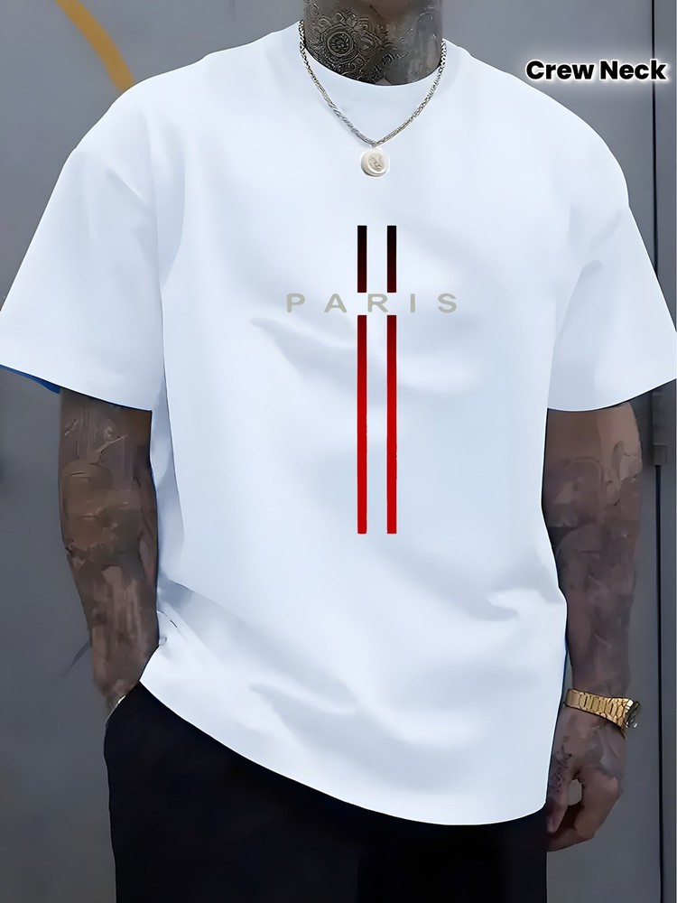 Paris Stripe Graphic T-Shirt Men's Crew Neck Casual Streetwear Tee Top