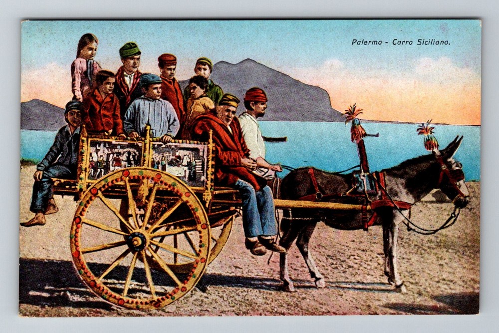 Italy- Palermo Decorated Cart With Sicilian Family Souvenir Old Vintage Postcard