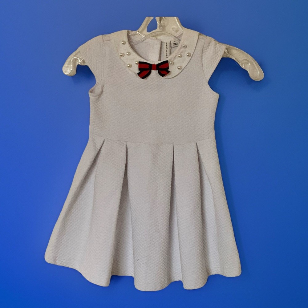 Janie And Jack Girls Dress White Pearlized Collar Red/Navy Bow Sz 5 Holiday