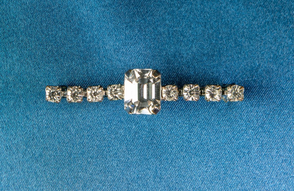 Vintage Mid-Century Clear Rhinestone Bar Brooch Pin, Emerald Cut Center Accent
