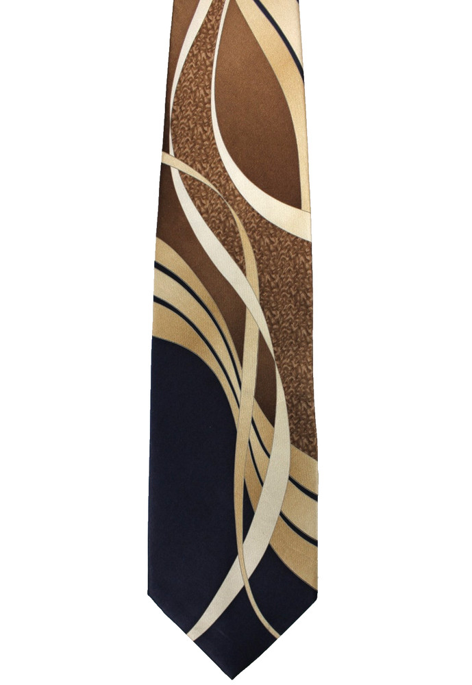 STACY ADAMS Silk Tie Abstract Brown Tan Black Curved Graphic Ribbon Mens Necktie-image