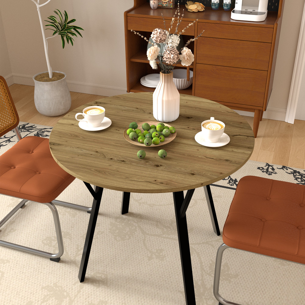 31.5 Inch Round Dining Brown Table, Small Circle Kitchen Table with Metal Legs