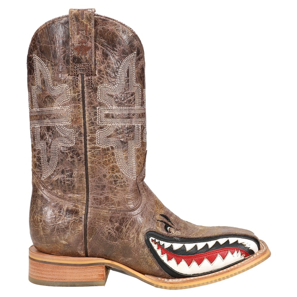 Tin Haul Shark Embroidered Square Toe Pull On Cowboy Boots Mens Size