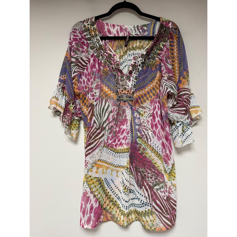 Mushka by Sienna Rose Inc. Boho Kaftan Tunic Dress Multi Color Size L