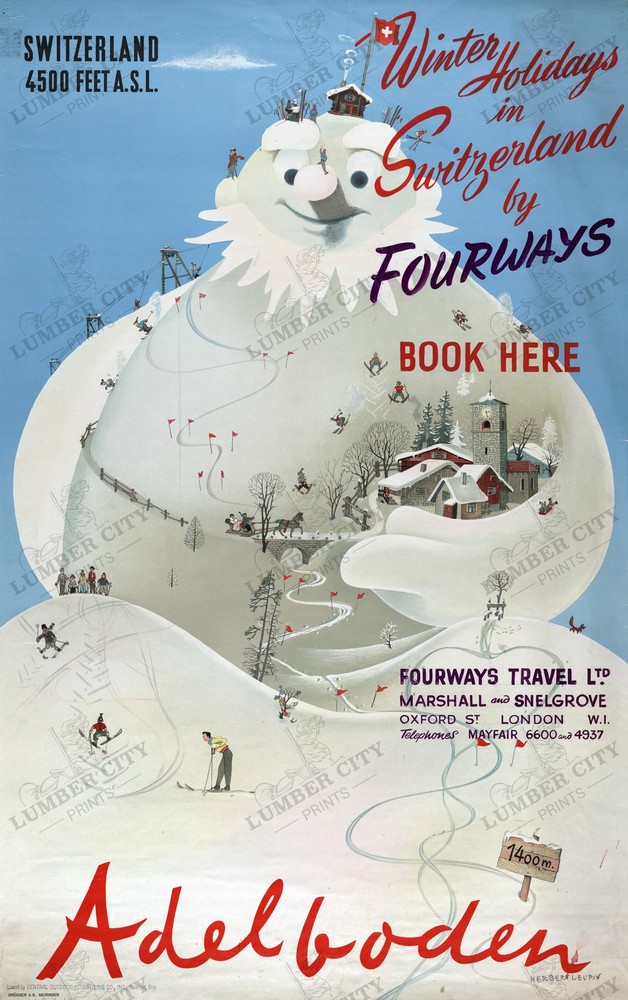 Adelboden Switzerland Winter Holiday 1947 Travel Poster Leupin Skiing Art