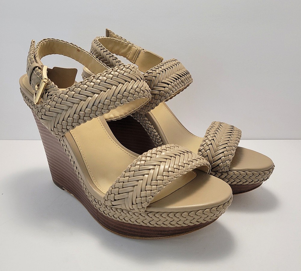 Michael Kors Women's Blythe Wedge Woven Nappa Sandals in Dark Khaki Size 8M
