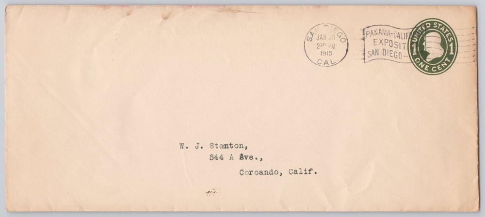 San Diego, Calif. — Panama-California Expo cancel, 1¢ indicia — 1915 — Divided