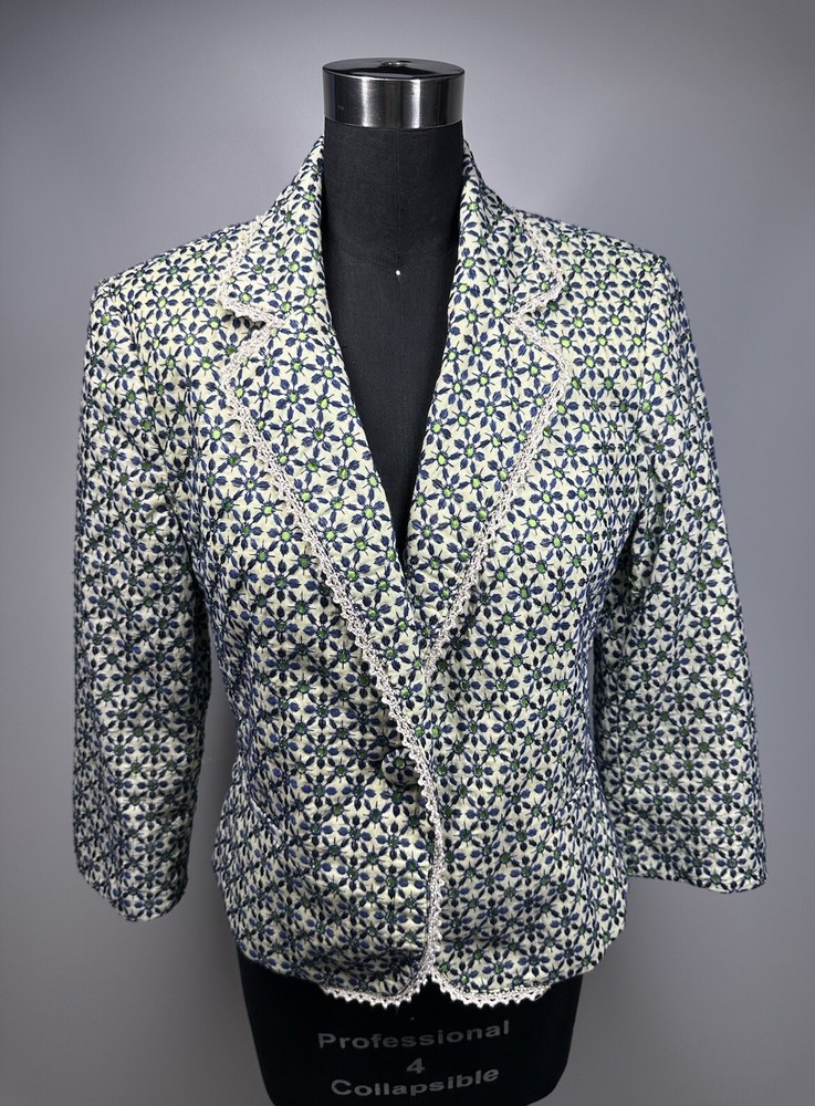 Boho Chic Jacket Blazer Women's Blue Green Floral Embroidered 3/4 Sleeve
